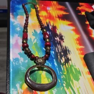 Beautiful VINTAGE CIRCLE OF LIFE BOHEMIAN ENAMEL PENDANT BEADED NECKLACE  22"